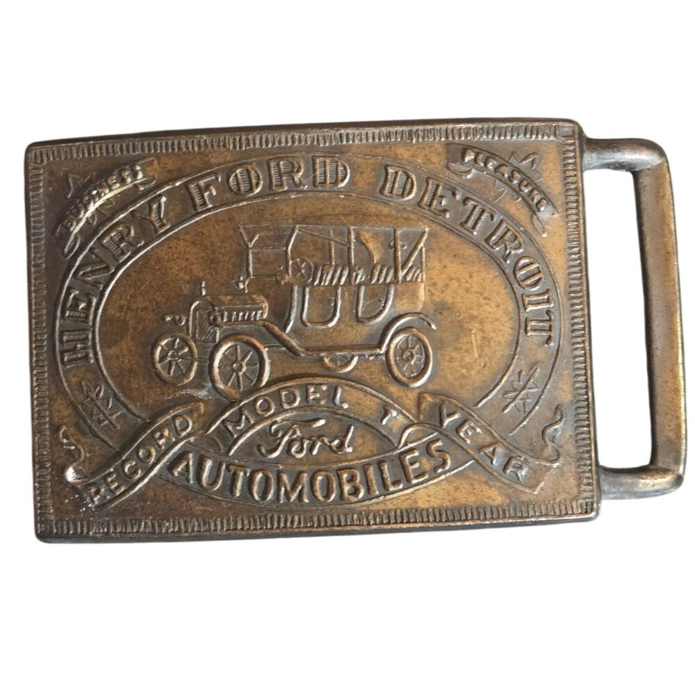 Vintage Model T Belt Buckle Henry Ford Detroit Michigan Auto Car Collectible